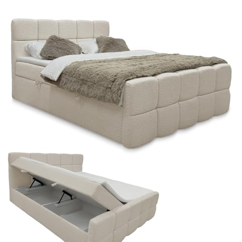 Juskys Boxspringbett Calgary 180x200 cm beige - Modernes Bubble Design - Mit Bettkasten & Boucle Stoff - Inklusive Matratze & Topper für Schlafzimmer von Juskys