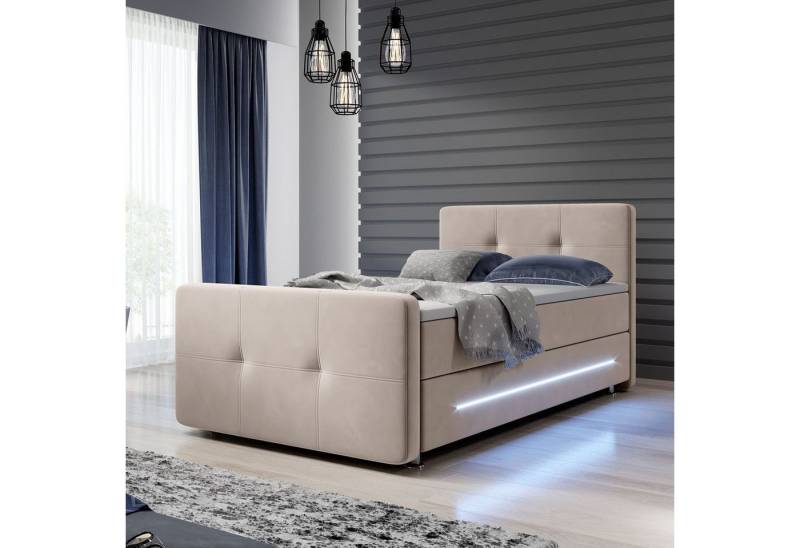 Juskys Boxspringbett Houston, 120x200 cm, Bonell-Federkernmatratzen, Topper, LED-Beleuchtung von Juskys