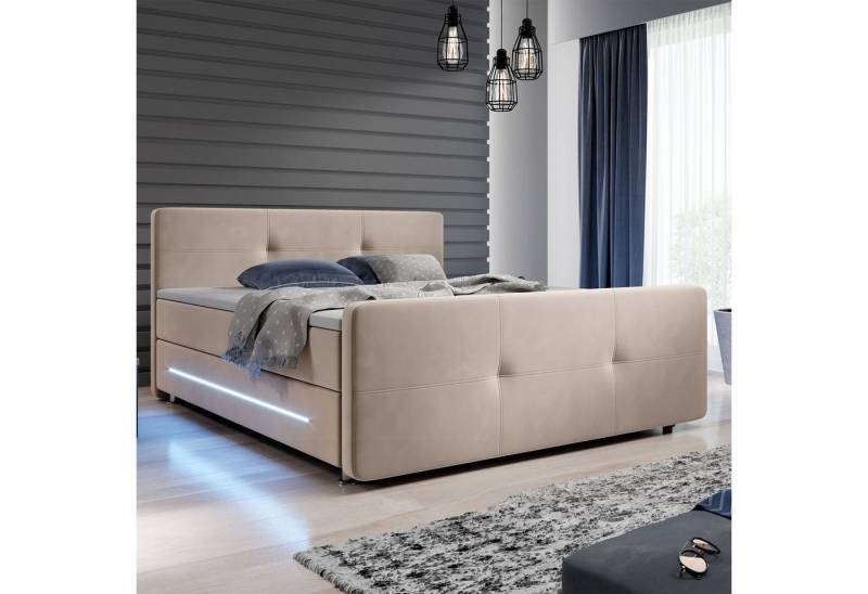 Juskys Boxspringbett Houston, 140x200 cm, Bonell-Federkernmatratzen, Topper, LED-Beleuchtung von Juskys