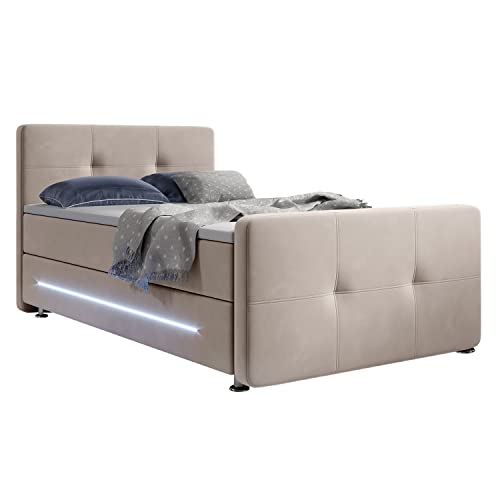 Juskys Boxspringbett Houston 120x200 cm - Einzelbett mit LED-Beleuchtung, Topper & Bonell-Federkern-Matratze - Bett Polsterbett Beige mit Stoff von Juskys