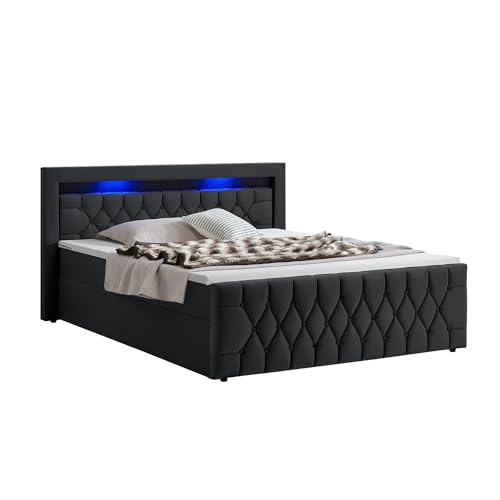 Juskys Boxspringbett Leona 140x200 cm - Bett mit LED Beleuchtung, Topper & H4 Federkern Matratzen - Einzelbett Bettkasten Schwarz mit Samt und Steppung von Juskys