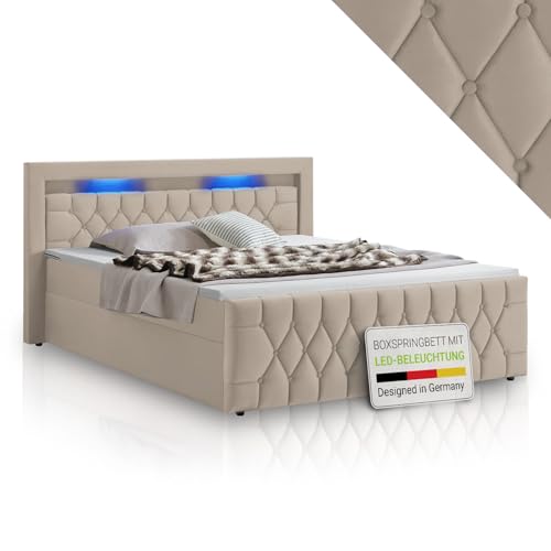 Juskys Boxspringbett Leona 140x200 cm - Bett mit LED Beleuchtung, Topper & H4 Federkern Matratzen - Einzelbett mit Samt und Steppung - Beige Juskys Boxspringbett Leona 140x200 cm - Bett mit LED Beleuchtung, Topper & H4 Federkern Matratzen - Einzelbett mit Samt und Steppung - Beige von Juskys