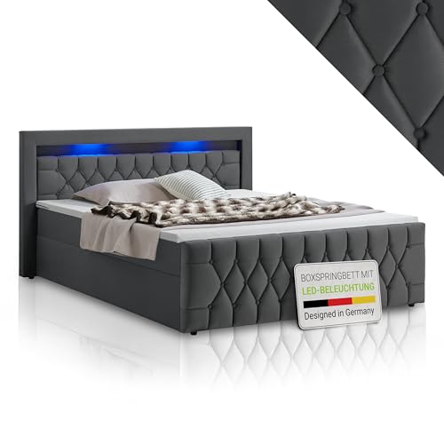 Juskys Boxspringbett Leona 180x200 cm - Bett mit LED Beleuchtung, Topper & H4 Federkern Matratzen - Doppelbett Grau mit Samt und Steppung Juskys Boxspringbett Leona 180x200 cm - Bett mit LED Beleuchtung, Topper & H4 Federkern Matratzen - Doppelbett Grau mit Samt und Steppung von Juskys