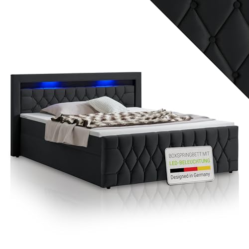 Juskys Boxspringbett Leona 180x200 cm - Bett mit LED Beleuchtung, Topper & H4 Federkern Matratzen - Einzelbett Schwarz mit Samt und Steppung Juskys Boxspringbett Leona 180x200 cm - Bett mit LED Beleuchtung, Topper & H4 Federkern Matratzen - Einzelbett Schwarz mit Samt und Steppung von Juskys