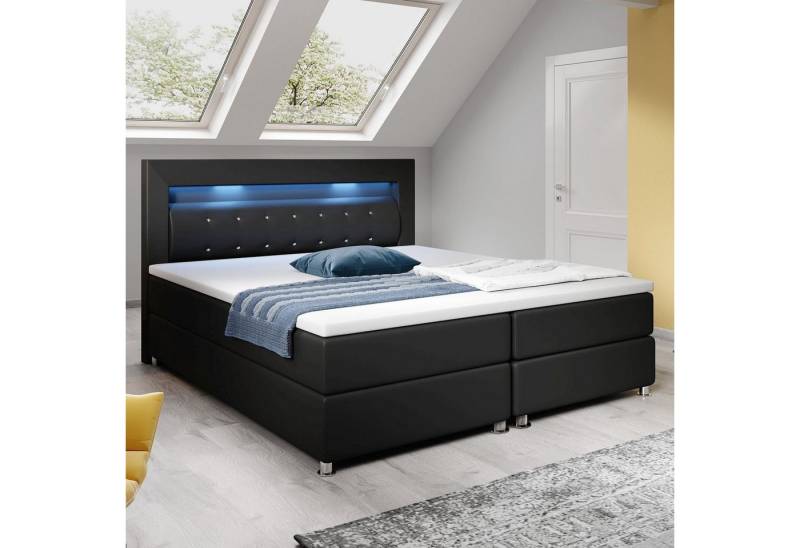 Juskys Boxspringbett Montana, 140x200 cm, Doppelbett mit Topper, Kopfteil und LED-Beleuchtung von Juskys