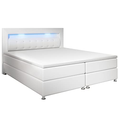 Juskys Boxspringbett Montana 140x200 cm weiß - Komplett Set mit Matratze und Topper - LED Licht im Kopfteil - Bett aus Kunstleder und Holz - modern von Juskys