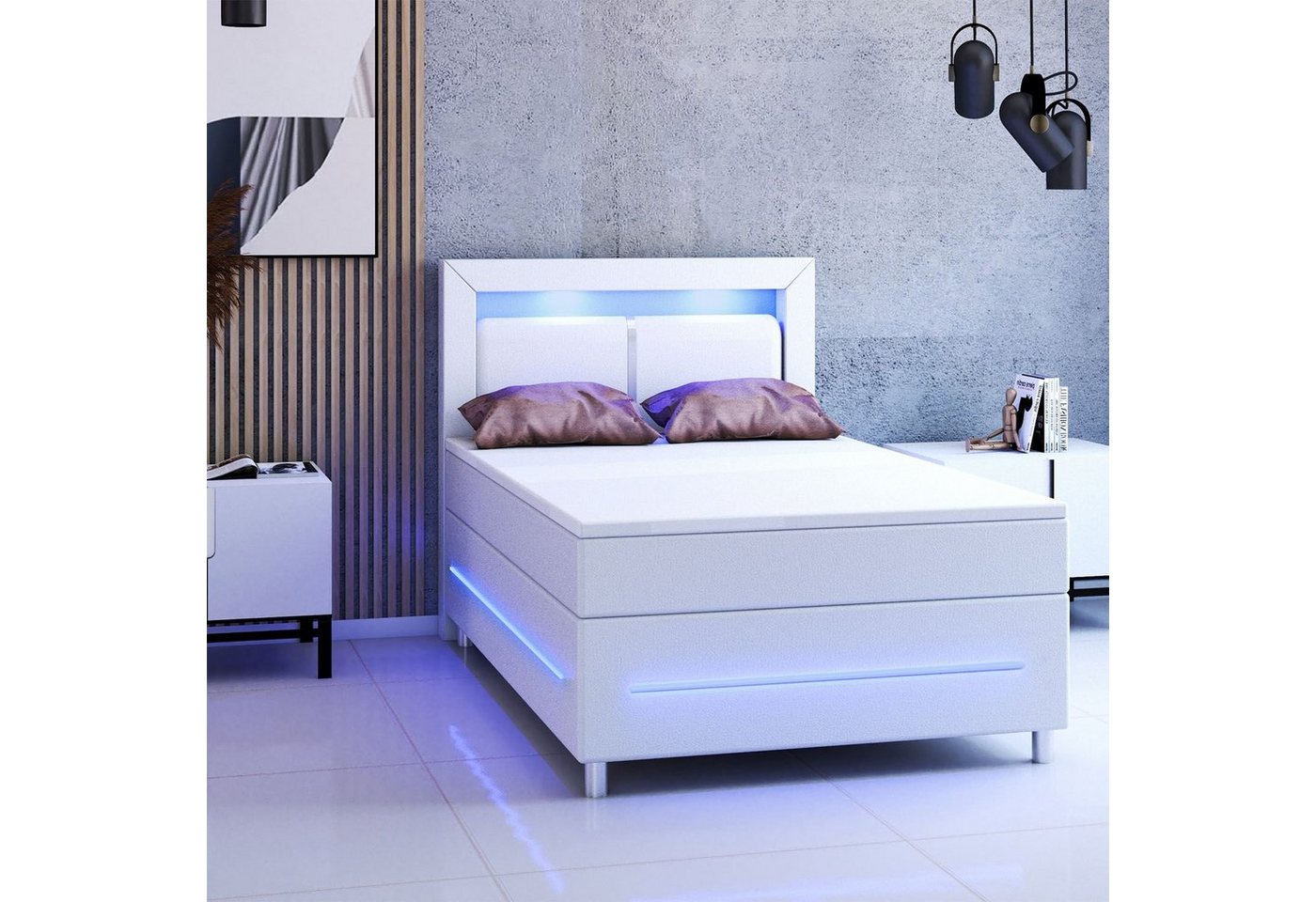 Juskys Boxspringbett Norfolk, 120 x 200 cm, Bett mit Federkernmatratze, Topper, Kopfteil und LED-Beleuchtung von Juskys