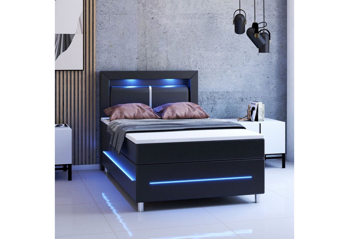 Juskys Boxspringbett Norfolk, 120 x 200 cm, Bett mit Federkernmatratze, Topper, Kopfteil und LED-Beleuchtung von Juskys