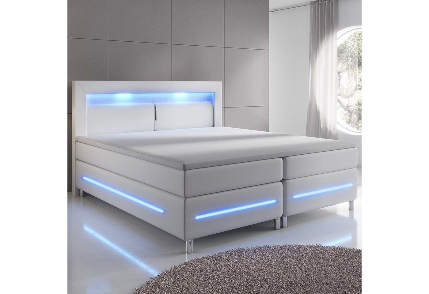 Juskys Boxspringbett Norfolk, 140 x 200 cm, Bett mit Federkernmatratze, Topper, Kopfteil und LED-Beleuchtung von Juskys