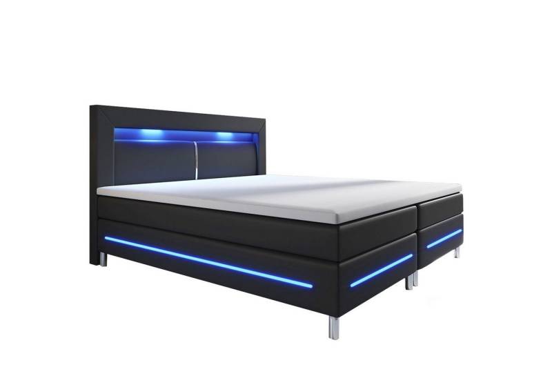 Juskys Boxspringbett Norfolk, 140 x 200 cm, Bett mit Federkernmatratze, Topper, Kopfteil und LED-Beleuchtung von Juskys