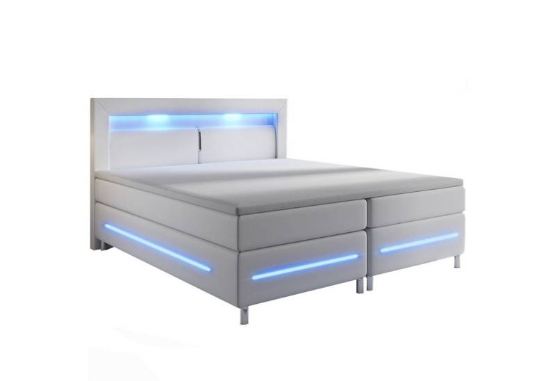 Juskys Boxspringbett Norfolk, 200 x 200 cm, Bett mit Federkernmatratze, Topper, Kopfteil und LED-Beleuchtung von Juskys