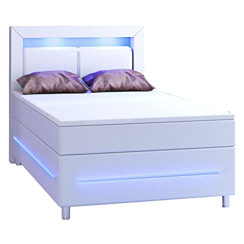 Juskys Boxspringbett Norfolk 120x200 cm - LED Beleuchtung, Bonell Matratze & Topper - 66 cm Komforthöhe - weiß - Bett Polsterbett Bettgestell von Juskys