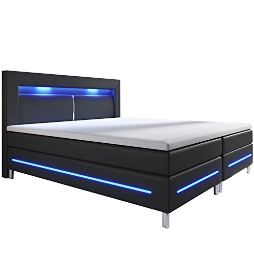 Juskys Boxspringbett Norfolk 140x200 cm - LED Beleuchtung, Bonell Matratze & Topper - 66 cm Komforthöhe - schwarz - Bett Doppelbett Polsterbett von Juskys