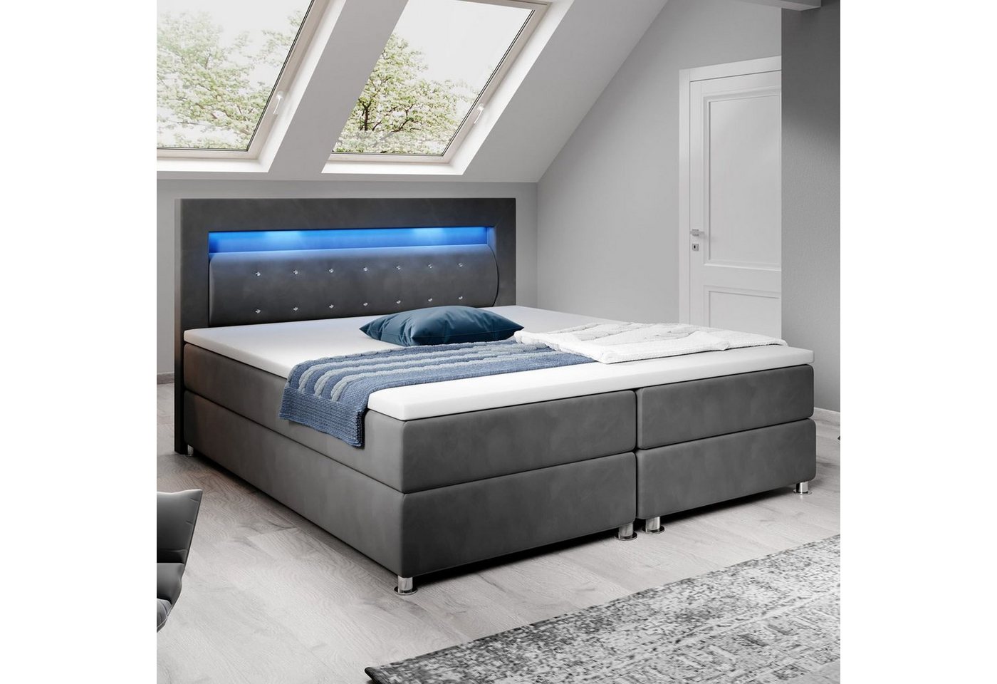 Juskys Boxspringbett Vancouver, 140x200 cm, Bonell-Federkernmatratzen, Topper, LED-Beleuchtung von Juskys