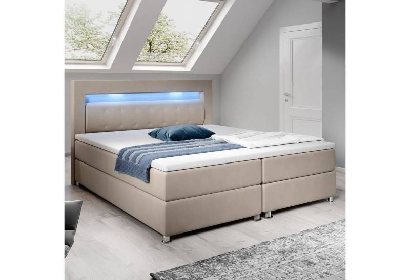 Juskys Boxspringbett Vancouver, 140x200 cm, Bonell-Federkernmatratzen, Topper, LED-Beleuchtung von Juskys