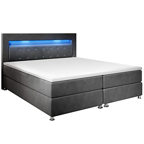 Juskys Boxspringbett Vancouver 140x200 cm - Doppelbett mit LED Beleuchtung, Topper & Bonell Federkern Matratzen - Bett Polsterbett Grau mit Stoff von Juskys