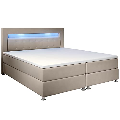 Juskys Boxspringbett Vancouver 180x200 cm - Doppelbett mit LED-Beleuchtung, Topper & Bonell-Federkern-Matratzen - Bett Polsterbett Beige mit Stoff von Juskys