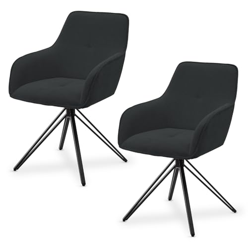 Juskys Drehstuhl Clyde mit Armlehne 2er Set - Esszimmerstuhl modern mit Stoff Bezug - Polsterstuhl Esszimmer - 120 kg belastbar - Stuhl Cord Dunkelgrau von Juskys