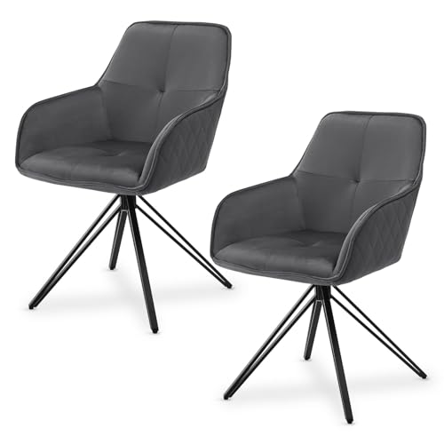 Juskys Drehstuhl Clyde mit Armlehne 2er Set - Esszimmerstuhl modern mit Stoff Bezug - Polsterstuhl Esszimmer - 120 kg belastbar - Stuhl Samt Dunkelgrau von Juskys