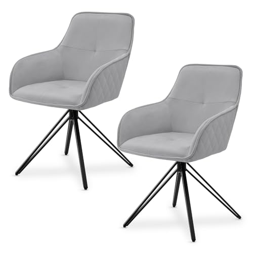 Juskys Drehstuhl Clyde mit Armlehne 2er Set - Esszimmerstuhl modern mit Stoff Bezug - Polsterstuhl Esszimmer - 120 kg belastbar - Stuhl Samt Hellgrau von Juskys