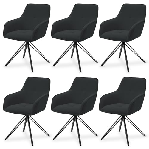 Juskys Drehstuhl Clyde mit Armlehne 6er Set - Esszimmerstuhl modern mit Stoff Bezug - Polsterstuhl Esszimmer - 120 kg belastbar - Stuhl Cord Dunkelgrau von Juskys