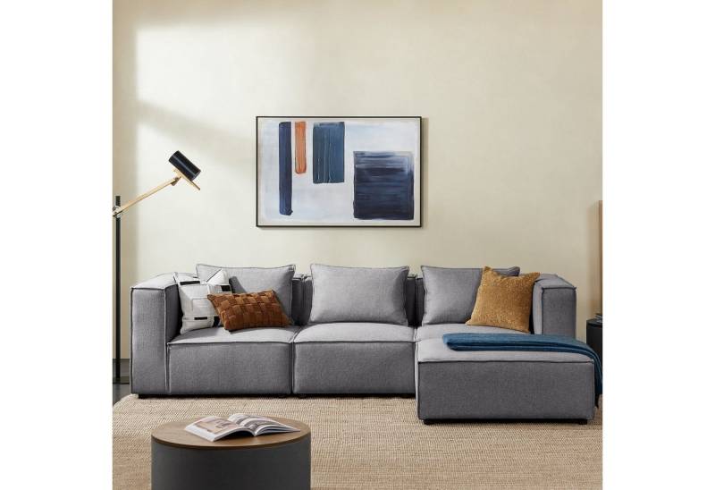 Juskys Ecksofa Domas, 4 Teile, L, modulare Couch für Wohnzimmer, 3 Sitzer mit Ottomane & Kissen von Juskys