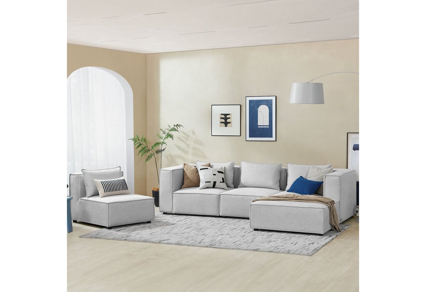 Juskys Ecksofa Domas, 5 Teile, XL, modulare Couch für Wohnzimmer, 4 Sitzer mit Ottomane & Kissen von Juskys