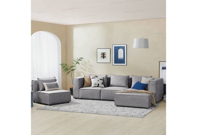 Juskys Ecksofa Domas, 5 Teile, XL, modulare Couch für Wohnzimmer, 4 Sitzer mit Ottomane & Kissen von Juskys