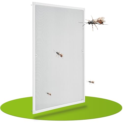 Juskys Fliegengitter für Fenster mit Alu Rahmen 100 x 120 cm - Montage ohne Bohren - zum Einhängen - Insektenschutz Mückenschutz Fliegenschutzgitter - weiß von Juskys