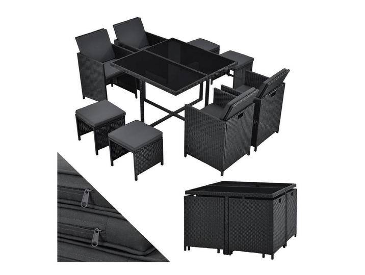 Juskys Garten-Essgruppe Baracoa, (Sitzgruppe), Polyrattan Gartenmöbel Set 9 teilig aus wetterfestem Material, schwarz, 9 teilig von Juskys