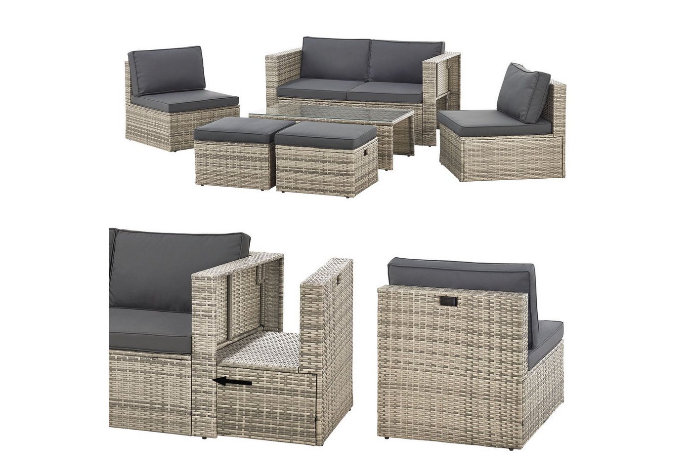 Juskys Gartenlounge-Set Salou, (6-tlg), für 6 Personen, Polyrattan, Glasplatte, wetterfest, mit Kissen von Juskys