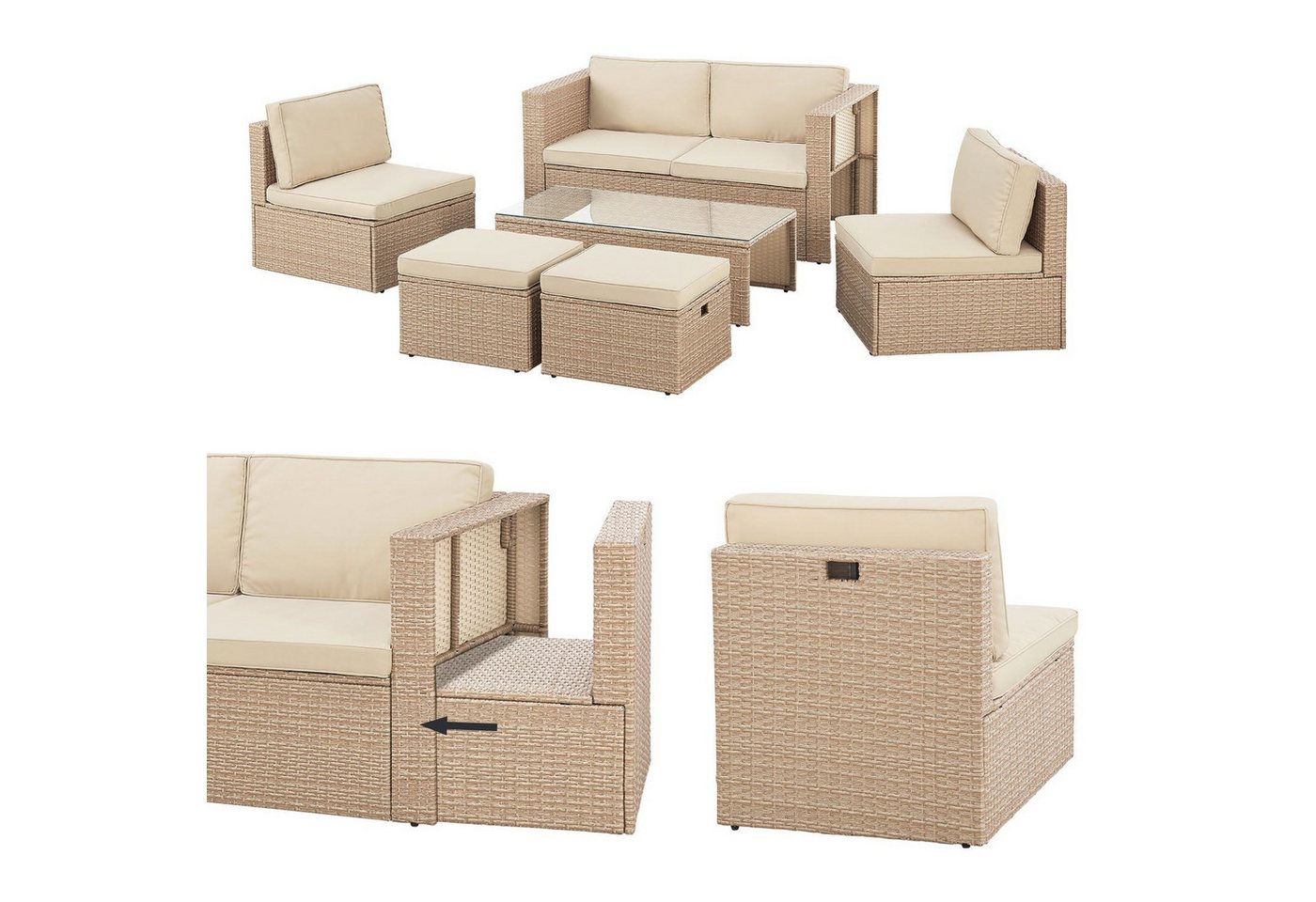 Juskys Gartenlounge-Set Salou, (6-tlg), für 6 Personen, Polyrattan, Glasplatte, wetterfest, mit Kissen von Juskys