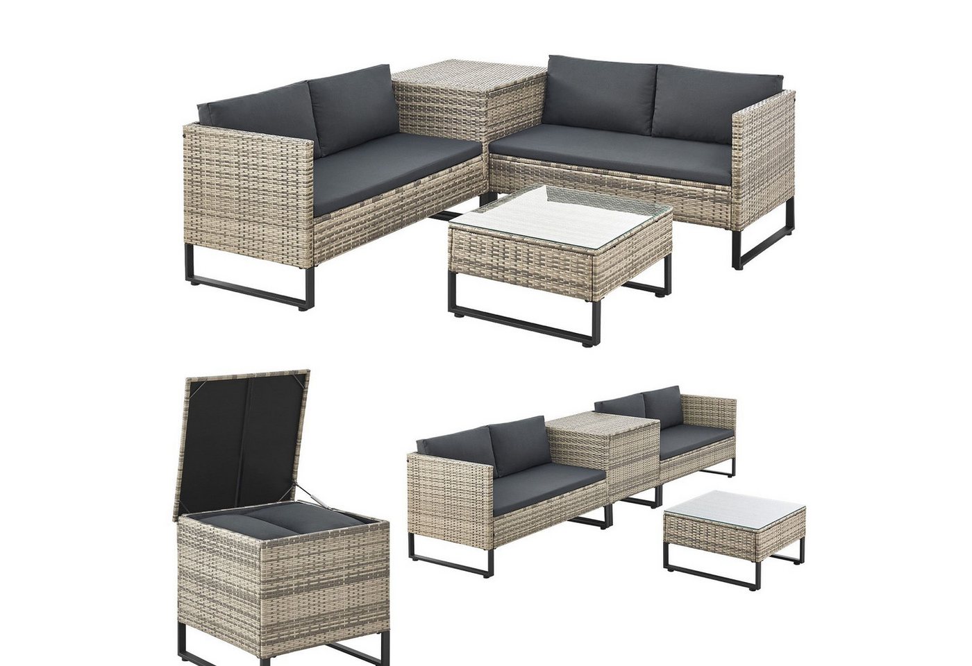 Juskys Gartenlounge-Set Santorini, (4-tlg), Polyrattan Sitzgruppe mit Beistelltisch & Auflagenbox, wetterfest von Juskys