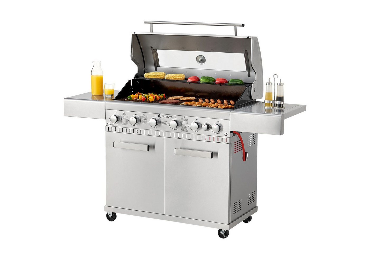 Juskys Gasgrill Minnesota, 6+1 Brenner, 20,3 kW, Gusseisen Rost, Thermometer, Seitenablagen von Juskys