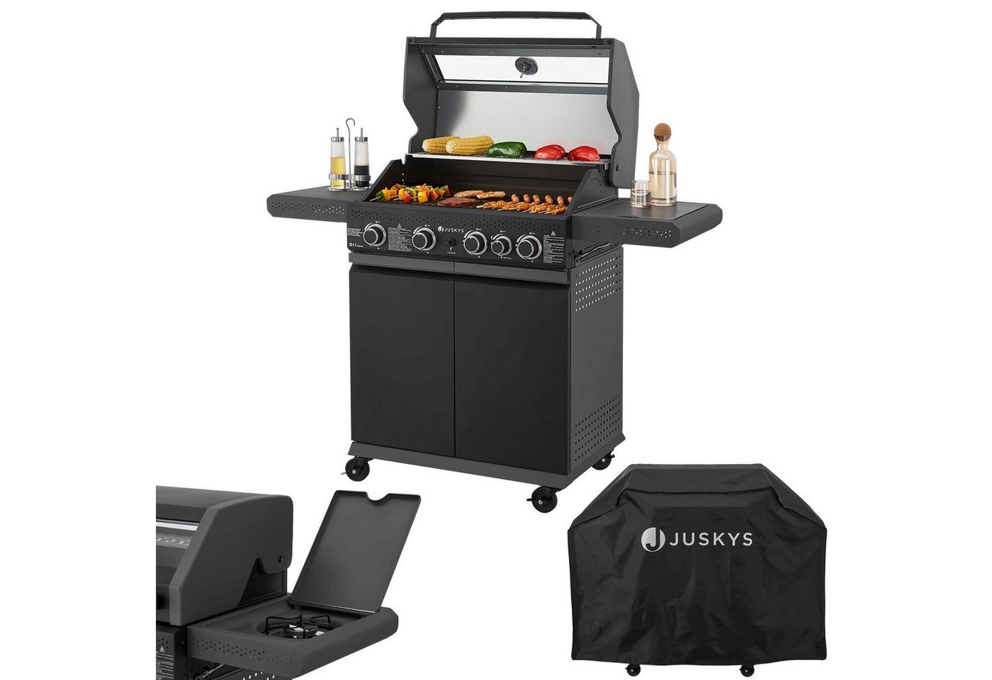Juskys Gasgrill Savannah, 4+1 Brenner, 14,5 kW, Gusseisen Rost, Thermometer, Seitenablagen von Juskys
