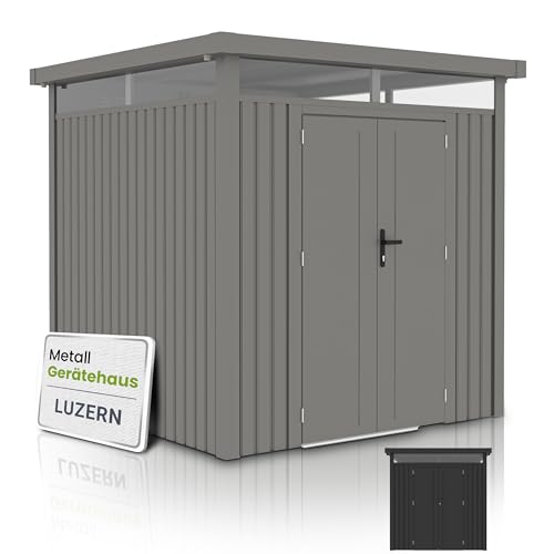 Juskys Gerätehaus Luzern Pro 5,3 m² - Metall Geräteschuppen mit Türen & Fenstern - wetterfest & abschließbar - Fahrradgarage, Gartenhaus - Taupe von Juskys