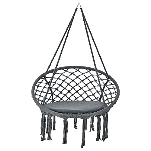 Juskys Hängesessel Cadras 60 cm breites Kissen - Indoor Hängekorb 120 kg Belastbarkeit für Kinder & Erwachsene - Einfache Aufhängung - Boho anthrazit von Juskys