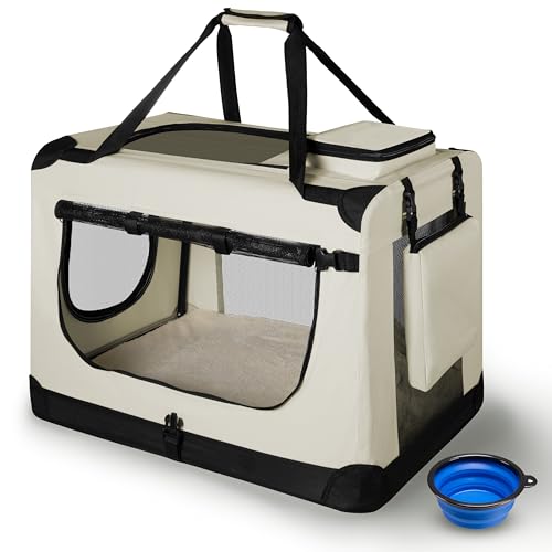 Juskys Hundetransportbox Lassie L faltbar & tragbar 50x70x52 cm mit Decke, Tasche & Griffen - Faltbare Transportbox für Hunde, Katzen & Haustiere - Oxford Stoff Hundebox Auto Hundetasche - Beige von Juskys