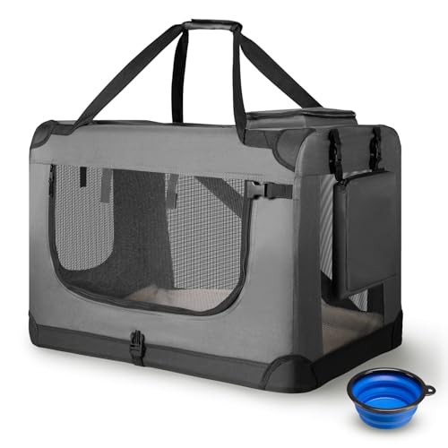 Juskys Hundetransportbox Lassie M faltbar & tragbar 42x60x44 cm mit Decke, Tasche & Griffen - Faltbare Transportbox für Hunde, Katzen & Haustiere - Oxford Stoff Hundebox Auto Hundetasche - Grau von Juskys