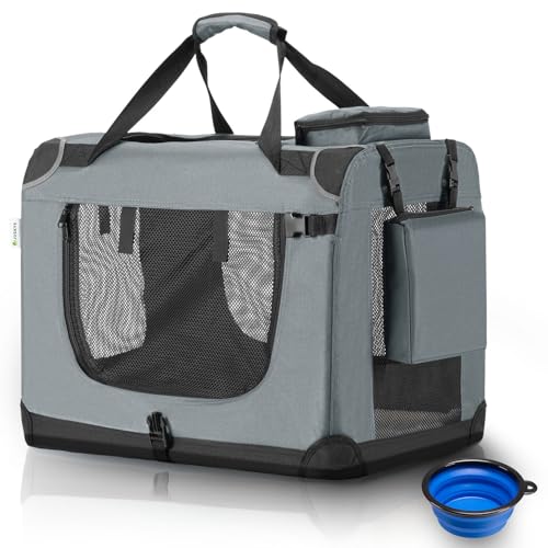 Juskys Hundetransportbox Lassie XL faltbar & tragbar 56x81x58 cm mit Decke, Tasche & Griffen - Faltbare Transportbox für Hunde, Katzen & Haustiere - Oxford Stoff Hundebox Auto Hundetasche - Grau von Juskys