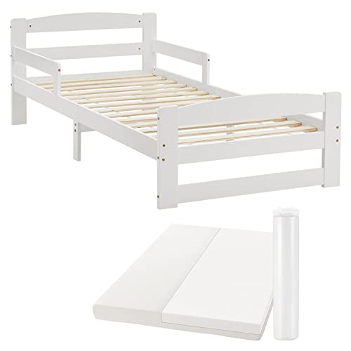 Juskys Jugendbett Arona 90x200 cm mit Matratze - Bettgestell aus Massivholz in Weiß - Einzelbett mit Rausfallschutz - Stauraum unter dem Bett von Juskys