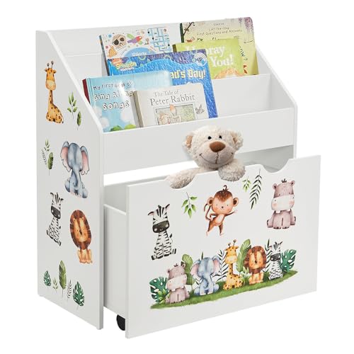 Juskys Kinder Bücherregal mit 3 Fächern & Spielzeugkiste - Holz Regal 63x30x70 cm BTH - Aufbewahrung von Büchern & Spielzeug im Kinderzimmer - Weiß von Juskys