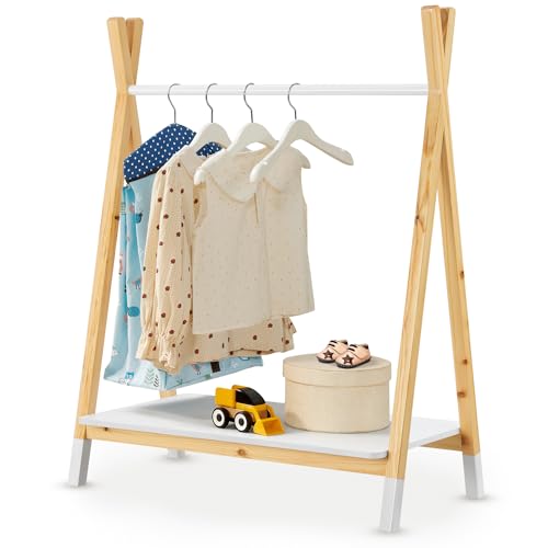 Juskys Kinder Kleiderständer Heidy mit Ablage & Kleiderstange - Holz Kindergarderobe modern, offen & freistehend - Kinderzimmer Garderobe Weiß von Juskys