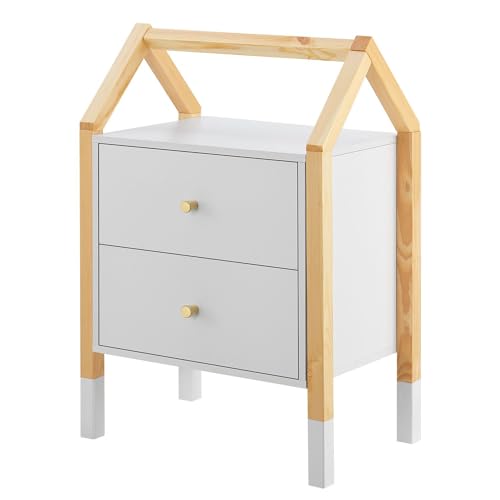 Juskys Kinder Nachttisch Enny mit 2 Schubladen - Nachtschrank klein, schmal & modern - Kommode aus Holz - Hausdesign - Nachtkästchen Weiß Natur von Juskys