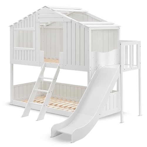 Juskys Kinderbett Baumhaus 90 x 200 cm mit Dach, Rutsche & Leiter - Etagenbett Weiß für Kinder - 2X Lattenrost bis 150 kg - Hausbett aus Massivholz von Juskys