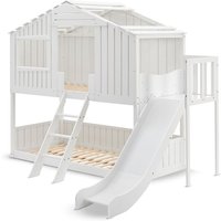 Kinderbett Baumhaus 90 x 200 cm mit Dach, Rutsche & Leiter – Etagenbett Weiß für Kinder – 2x Lattenrost bis 150 kg – Hausbett aus Massivholz - Juskys von Juskys