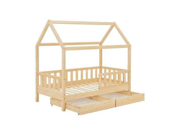Juskys Kinderbett Marli, 80x160 cm, mit Dach, 2 Bettkästen, Rausfallschutz, 3 - 10 Jahre, beige, 80x160 cm, Natur von Juskys