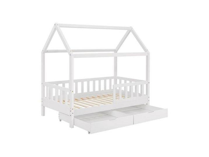 Juskys Kinderbett Marli, 80x160 cm, mit Dach, 2 Bettkästen, Rausfallschutz, 3 - 10 Jahre, weiß, 80x160 cm, Weiß von Juskys