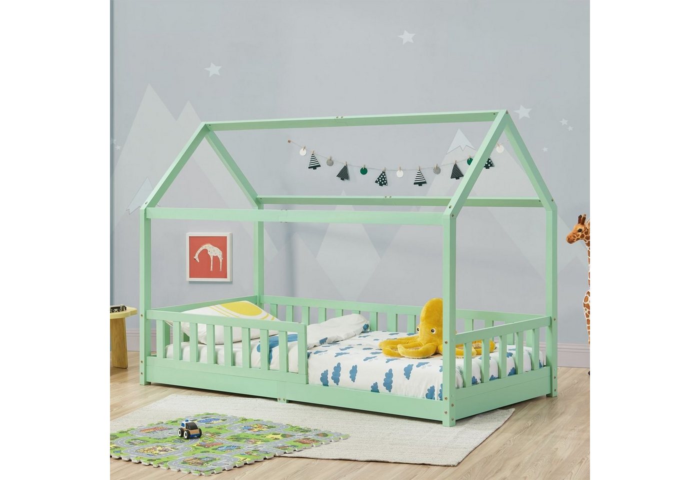 Juskys Kinderbett Marli, 90x200 cm, 3 - 10 Jahre, Rausfallschutz, inkl. Matratze von Juskys