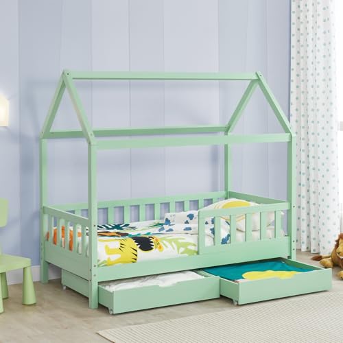 Juskys Kinderbett Marli 80 x 160 cm mit Bettkasten 2-teilig, Rausfallschutz, Lattenrost & Dach - Massivholz Hausbett für Kinder - Bett in Mint Juskys Kinderbett Marli 80 x 160 cm mit Bettkasten 2-teilig, Rausfallschutz, Lattenrost & Dach - Massivholz Hausbett für Kinder - Bett in Mint von Juskys